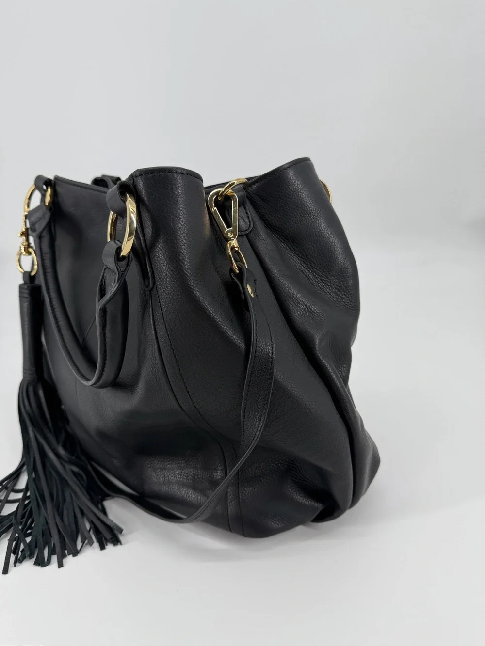 GILI Black Leather Hobo Satchel Bag Gold Hardware Tassel Shoulder Purse